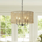 Rattan Wicker Drum Chandeliers for Dining Room, 4-Light Bohemian Hand-Woven Farmhouse Drum Pendant Chandelier Light Fixture for Entryway Living Room Kitchen Stairway Bedroom Hallway