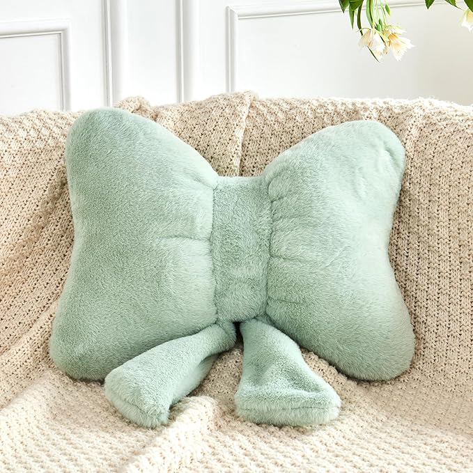 Sage Green Bow Pillow, Soft Bow Decorative Pillows with Faux Rabbit Fur, Cute 16" Bow Throw Pillows, Aesthetic Home Decor Bow Shaped Plush Pillow for Bedroom Sofa Couch