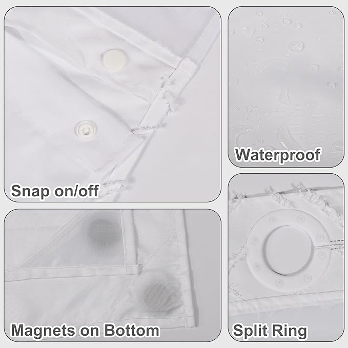 No Hook Shower Curtain Set with Snap in Liner, White Jacquard Tufted Geometric Bath Curtain, Boho Luxury Hotel Bathroom Decor, Waterproof Washable, 71 x 86 Inch