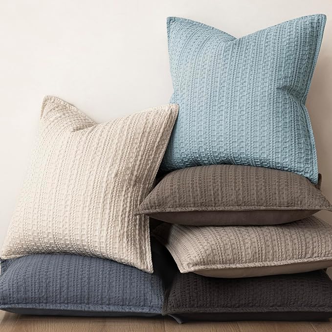 Foindtower Set of 2 Decorative Cotton Waffle Weave Throw Pillow Covers Euro Shams Cushion Covers Accent European Pillowcase for Bed Couch Sofa Bedroom Living Room Home Decor 24×24 Inch Light Blue