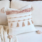 Boho Coral Decorative Pillow Cover with Cording and Tassels Handmade Accent Woven Textured Square Throw Pillow Case for Couch Sofa Farmhouse Living Room Home Decor 18"x18" Pink Rust