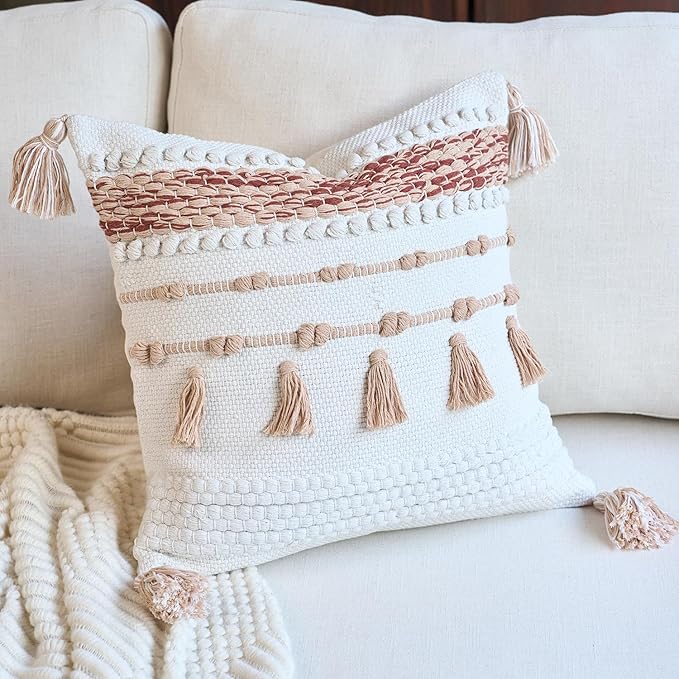 Boho Coral Decorative Pillow Cover with Cording and Tassels Handmade Accent Woven Textured Square Throw Pillow Case for Couch Sofa Farmhouse Living Room Home Decor 18"x18" Pink Rust