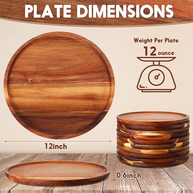 Rtteri 10 Pieces Acacia Round Wood Plates 12 x 0.6 Inch Dinner Plates Wooden Charger Platter Bulk Easy Cleaning Lightweight Serving Tray for Dishes Snack Dessert