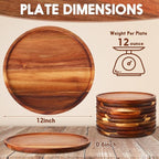 Rtteri 10 Pieces Acacia Round Wood Plates 12 x 0.6 Inch Dinner Plates Wooden Charger Platter Bulk Easy Cleaning Lightweight Serving Tray for Dishes Snack Dessert