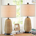 Touch Control Rattan Table Lamps, 3 Way Dimmable Bedside Lamps for Bedroom Set of 2 with 2 USB Ports and AC Outlet, Grass Rope Nightstand Lamps for Living Room Office (2 LED Bulbs Included)