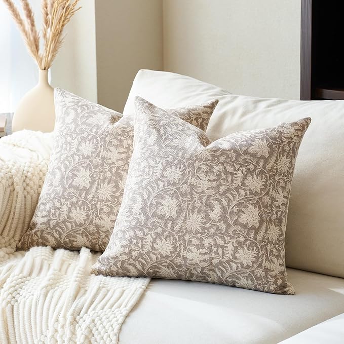 Floral Throw Pillow Covers 20x20 Farmhouse Block Print Pillow Covers Decorative Pillow Covers Couch Pillows for Living Room Vintage Accent Sofa Pillows Set of 2, Taupe Grey