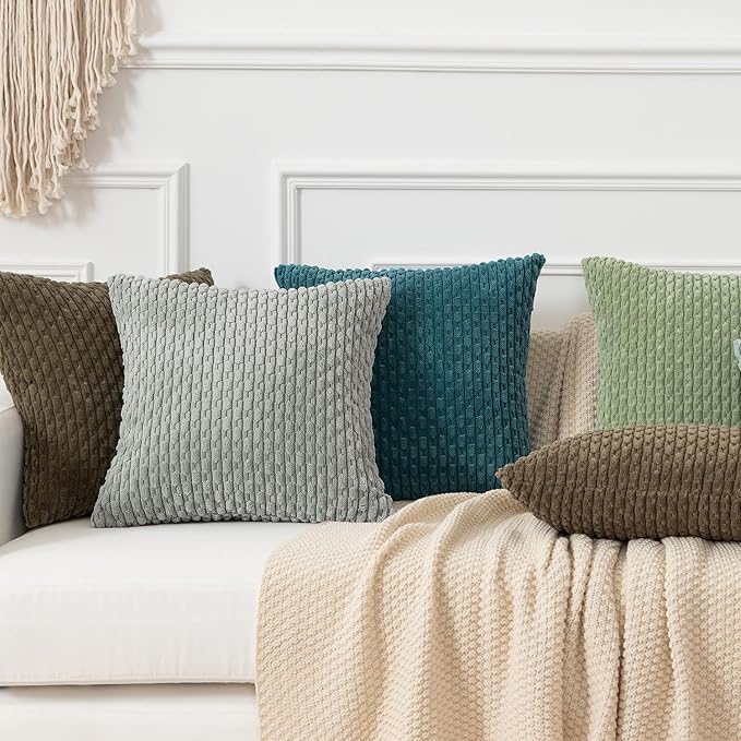 Kevin Textile Throw Pillow Covers Soft Corduroy Decorative Set of 2 Boho Striped Pillow Covers Pillowcases Farmhouse Home Decor for Couch Bed Sofa Living Room 18x18 Inch Teal Blue