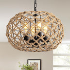 19" Rattan Farmhouse Chandelier Light Fixtures,4-Light Boho Rattan Chandelier for Dining Room Large Hand Woven Pendant Light Hanging Light Fixtures with Fabric Shade for Living Room Bedroom Kitchen