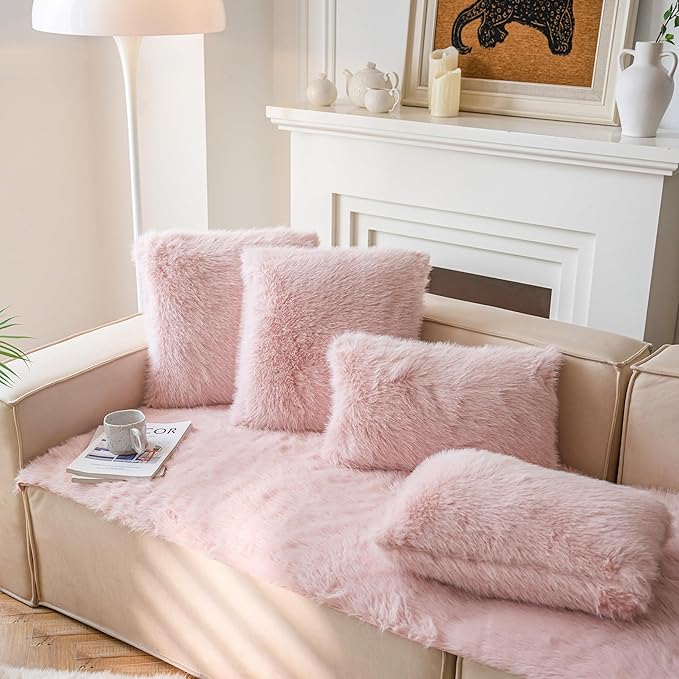 Neelvin Pink Faux Fur Cozy Fluffy Double-Sided Decorative Throw Pillow Covers 22x22 inch Set of 2,Velvet Pillowcase Cushion Case for Sofa Couch