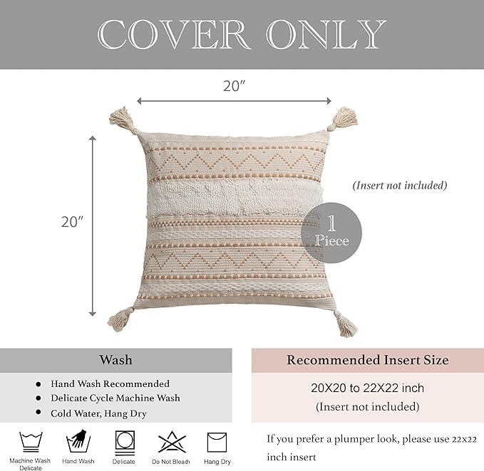 BlissBlush Decorative Throw Pillow Cover 20x20 Square Cream Neutral White Boho Accent Pillowcase Tassels Farmhouse Cushion for Couch Sofa Bedroom Living Room Home Décor (Cover ONLY, Pack of 1)