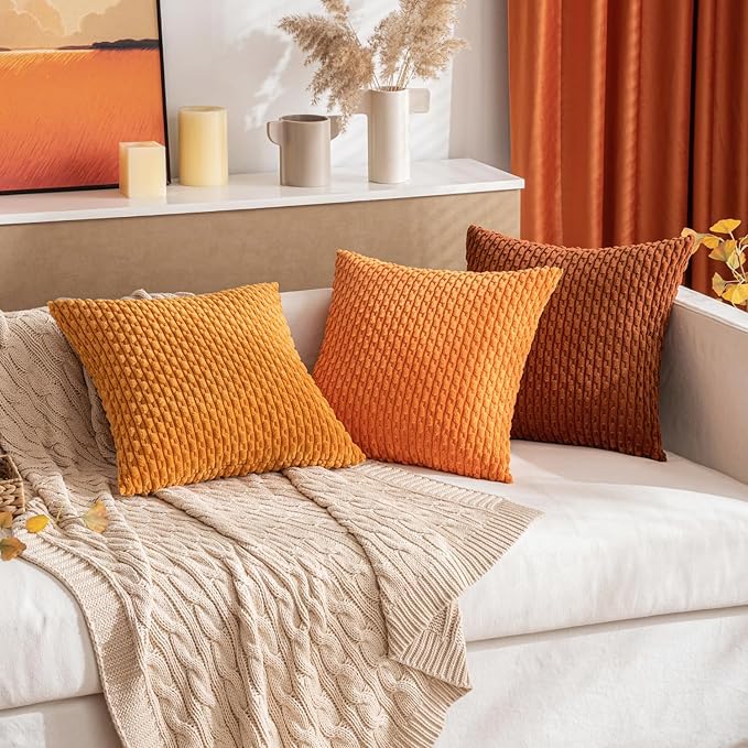 MIULEE Orange Throw Pillow Covers Soft Corduroy Decorative Set of 2 Boho Striped Pillow Covers Pillowcases Farmhouse Home Decor for Halloween Couch Bed Sofa Living Room 18x18 Inch