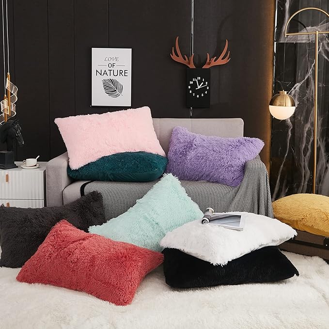 WERDIM Shaggy Faux Fur Pillowcases 2 Pack Button Closure Velvet Pillow Shams King Size (Light Grey, 20 X 36 Inches)