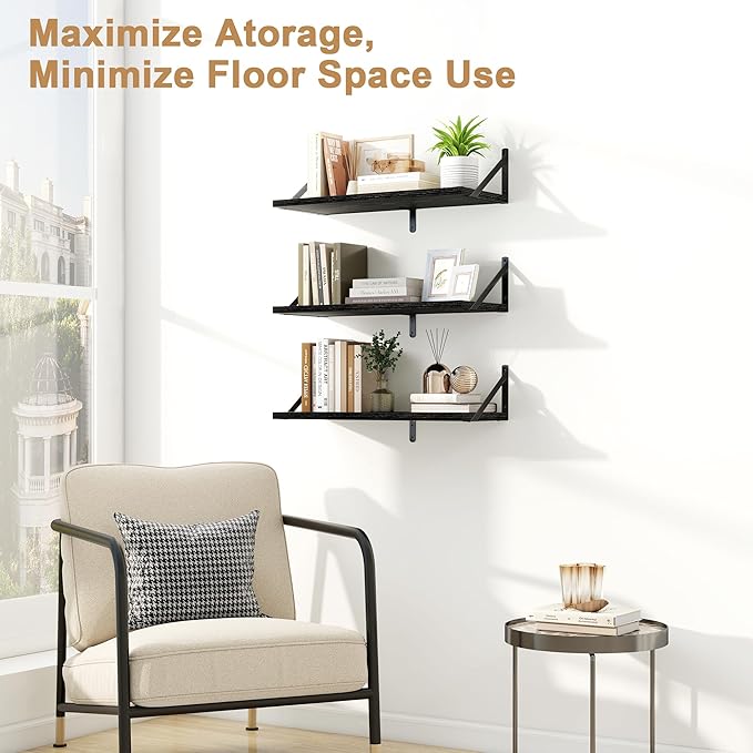 Fun Memories Floating Bookshelves, Set of 3 Wall-Mounted Wood Shelves 24" W x 8" D, Decorative Wall Shelf for Living Room, Bedroom, Bathroom, and Laundry Room (Black)