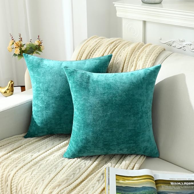 Jeneoo Decorative Dark Aqua Throw Pillow Covers Rustic Farmhouse Soft Square Chenille Comfy Solid Couch Cushion Cases for Sofa Bedroom (Set of 2, 18 x 18 Inches)