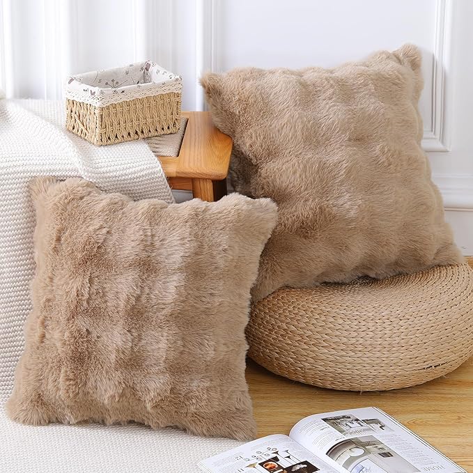 MADIZZ Pack of 2 Thick Plush Wool Throw Pillow Covers 20x20 Inch Camel Soft Neutral Decorative Throw Pillows Accent Boho Cushion Covers for Couch Sofa Bedroom Pillow Shell