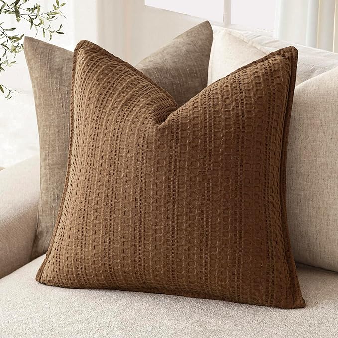 Foindtower Set of 2 Decorative Cotton Waffle Weave Throw Pillow Covers Euro Shams Cushion Covers Accent European Pillowcase for Bed Couch Sofa Bedroom Living Room Home Decor 18×18 Inch Orange Brown