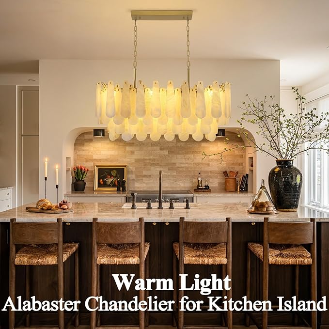 Alabaster Rectangle Chandelier, 40'' 76 PCS Natural Spanish Marble Linear Chandelier for High Ceiling, 4-Tiers Modern Luxury Large Brass Chandeliers for Dining Room, Kitchen Island (Bulbs Included)