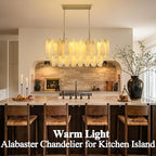Alabaster Rectangle Chandelier, 40'' 76 PCS Natural Spanish Marble Linear Chandelier for High Ceiling, 4-Tiers Modern Luxury Large Brass Chandeliers for Dining Room, Kitchen Island (Bulbs Included)
