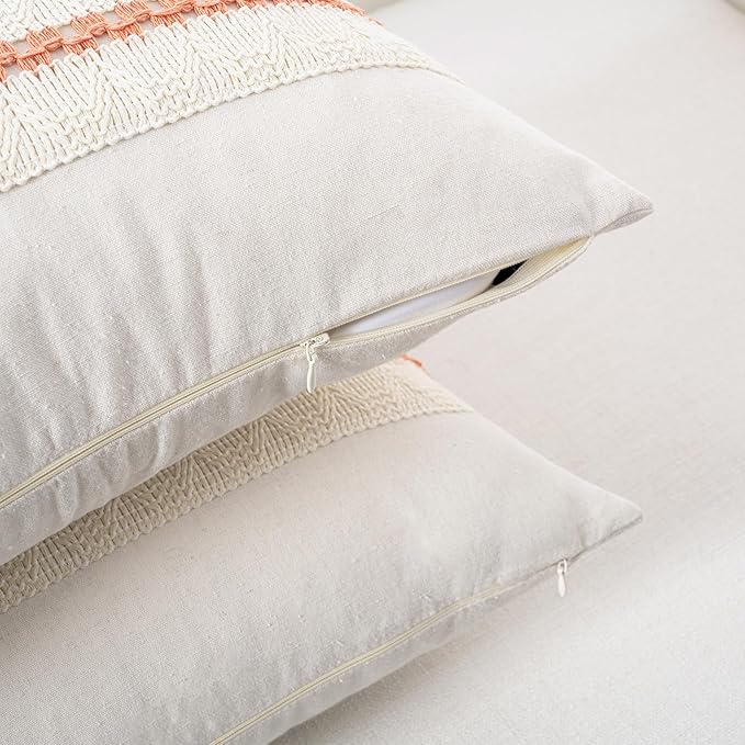 Fancy Homi Set of 1 Boho Coral Decorative Throw Pillow Cover 22x22 Inch for Couch Bed Sofa, Aesthetic Modern Organic Farmhouse Home Decor, Soft Cotton Cute Accent Macrame Woven Cushion Case