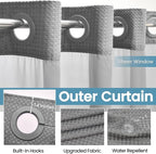 Grey Long Shower Curtain and Liner Set - 230GSM Waffle Weave Textured Heavy Duty,Hotel Luxury Weighted Bath Curtain,71W x 86H
