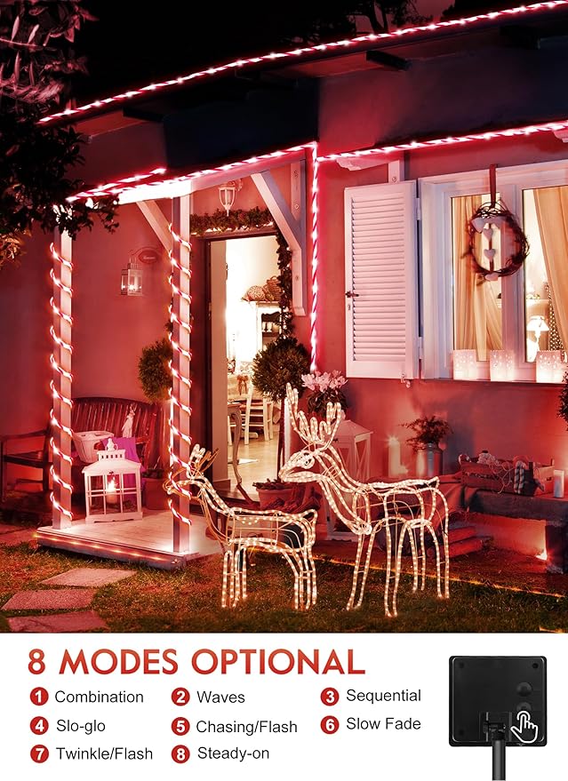 Brightown Outdoor ‎Solar Christmas Lights, 39FT 200LED Solar Rope Light Waterproof Outdoor Christmas Decorations for Party Garden Yard Home Xmas Halloween Holiday Tree Decoration Light, Candy Color