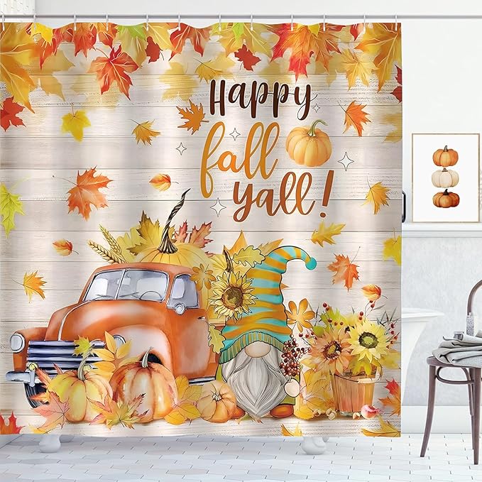 Happy Fall Shower Curtain Gnome Truck Autumn Pumpkin Maple Leaves Harvest Thanksgiving Farmhouse Bathroom Curtains Waterproof Polyester Fabric Bath Curtain 72 x 72 Inch with 12 Hooks