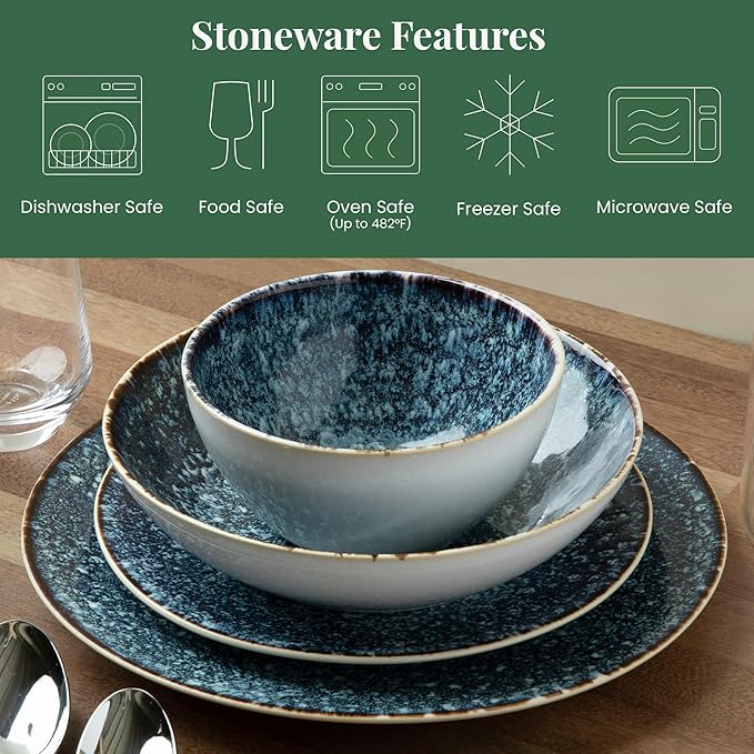 Larder & Vine Ceramic Stoneware Dinnerware 16-Piece Set, 4 Place Settings (Bondi Waters)