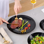 Bestone Porcelain Dinnerware Sets Service for 4, 12 pcs Hand drawn Plates and Bowls Sets, Handmade Ceramic Dish Set, Chip Resistant Modern Plate Set, Dishwasher/Microwave Safe，Black