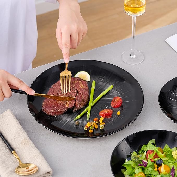 Bestone Porcelain Dinnerware Sets Service for 4, 12 pcs Hand drawn Plates and Bowls Sets, Handmade Ceramic Dish Set, Chip Resistant Modern Plate Set, Dishwasher/Microwave Safe，Black