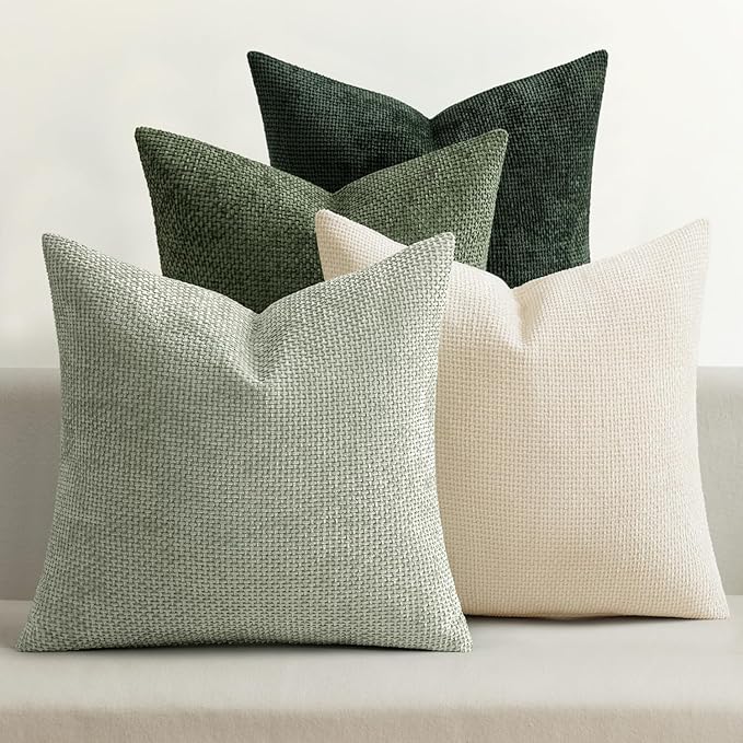 MIULEE Pack of 4 Christmas Couch Throw Pillow Covers 16x16 Inch Neutral Green Soft Decorative Chenille Pillow Covers Farmhouse Accent Cushion Covers for Boho Home Decor Sofa Bedroom Living Room
