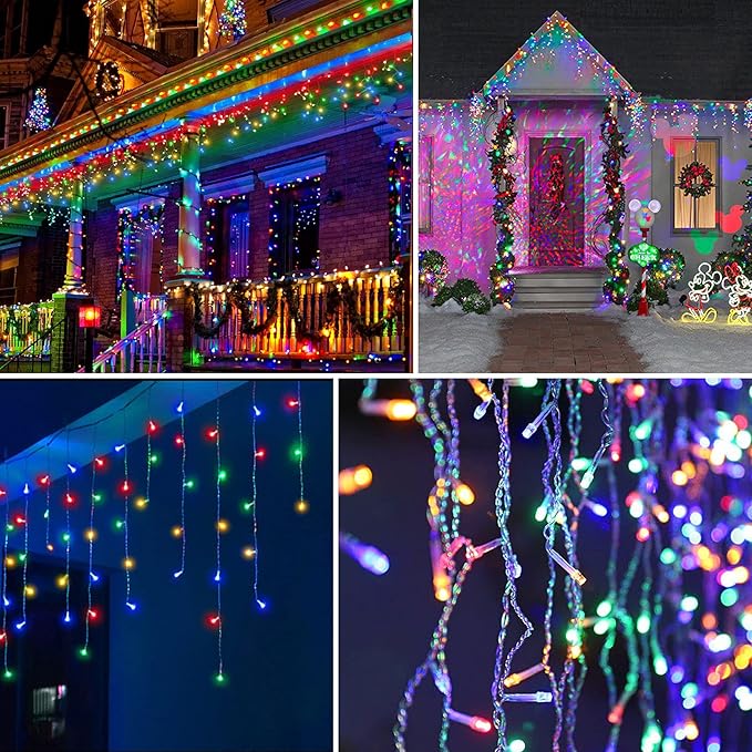 32.8ft 400 LED Icicle String Lights, 8 Modes Waterproof Icicle Christmas Lights Outdoor with Memory Function, Curtain Fairy Lights Hanging Decor for Home, Party, Christmas & Halloween (Multicolor)