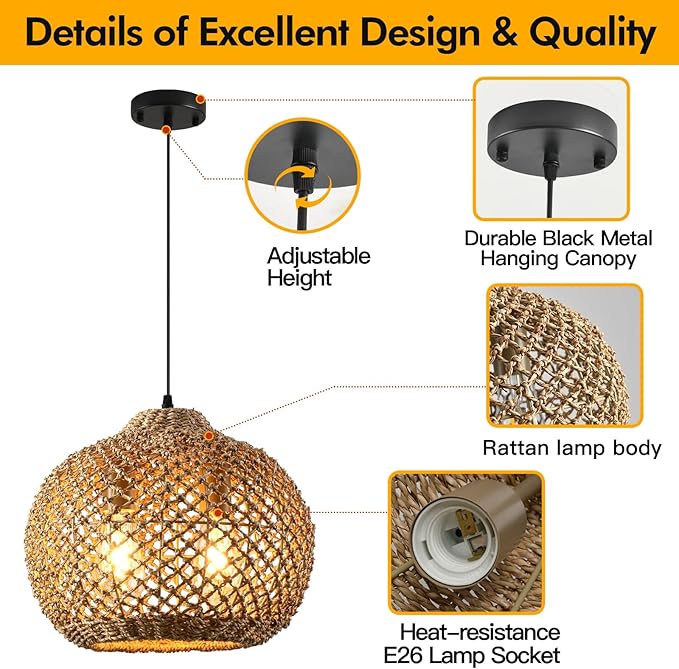 13.79" Rattan Pendant Light Fixture,Farmhouse 2-Light Kitchen Island Ceiling Hanging Lighting Wicker Hand Woven Chandelier,for Bedroom, Dining Room, Entryway, Foyer