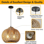 13.79" Rattan Pendant Light Fixture,Farmhouse 2-Light Kitchen Island Ceiling Hanging Lighting Wicker Hand Woven Chandelier,for Bedroom, Dining Room, Entryway, Foyer