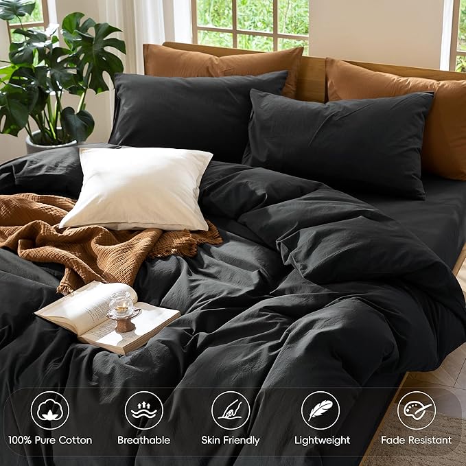 MooMee Bedding Duvet Cover Set 100% Washed Cotton Linen Like Textured Breathable Durable Soft Comfy (Solid Black, Palatial King/Oversized King 120"x98")