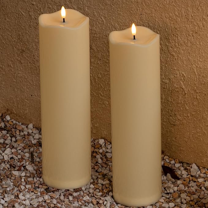 2pack 4"*14" Large Outdoors Flameless Candles Battery Operated with Remote & Timer, Waterproof Plastic LED Flickering Pillar Candles for Home Decoration, Weddings, Ivory