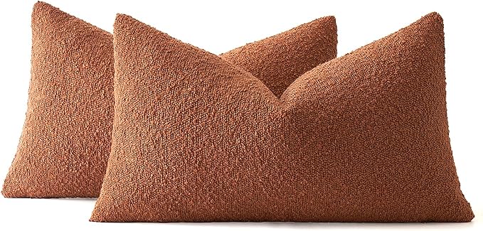 MIULEE 12x20 Inch Decorative Lumbar Throw Pillows for Bed Set of 2 Textured Boucle Neutral Winter Throw Pillow Covers Rust Accent Solid Pillowcases Sofa Livingroom Home Decor