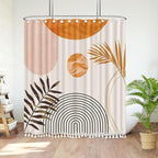 Boho Mid Century Leaf Shower Curtain Set,Arch Sun Design,Minimalistic Leaves Pattern,Waterproof and Luxurious Fabric-12 Hooks(Orange-60" x 72")