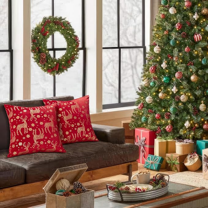 Topfinel Christmas Pillow Covers 18x18 Set of 2,Xmas Velvet Snowflake Reindeer Decorative Pillow Case Winter Holiday Decor for Home Couch,Red and Gold