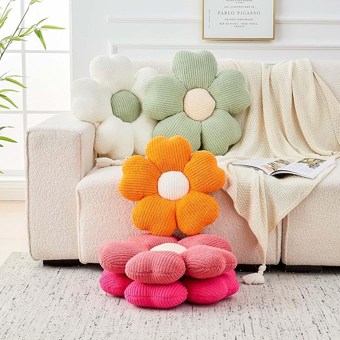 Flower Throw Pillow, Cute Flower Shaped Pillow Decorative Throw Pillow for Bed Couch, Soft Daisy Pillows Floor Seating Cushion Cushions (19.6 Inch White+Green)