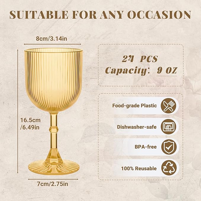 Plastic Wine Glasses 9oz Set of 24, Gold Ribbed Vintage Goblets Unbreakable Reusable BPA-Free Stemmed Drinking Glasses for Parties, Weddings & Events