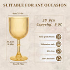 Plastic Wine Glasses 9oz Set of 24, Gold Ribbed Vintage Goblets Unbreakable Reusable BPA-Free Stemmed Drinking Glasses for Parties, Weddings & Events