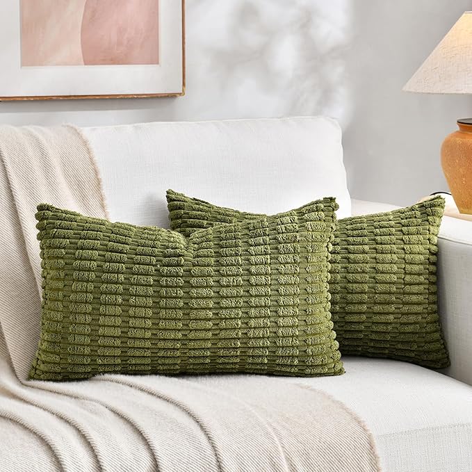 Fancy Homi 1 Pack Boho Moss Green Decorative Throw Pillow Covers 12x20 Inch for Couch Bed Sofa, Rustic Modern Farmhouse Home Decor, Soft Plush Corduroy Cute Rectangle Cushion Case 30x50 cm