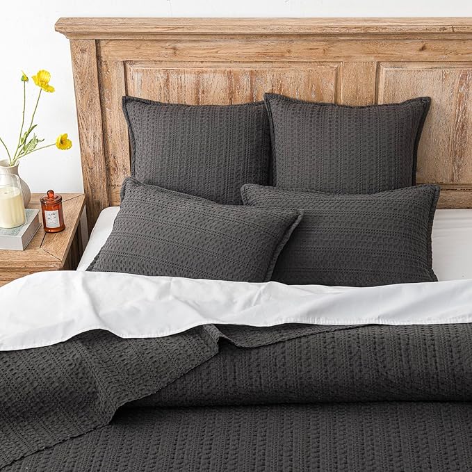Foindtower Set of 2 Decorative Cotton Waffle Weave Throw Pillow Covers Euro Shams Cushion Covers Accent European Pillowcase for Bed Couch Sofa Bedroom Living Room Home Decor 18×18 Inch Dark Grey