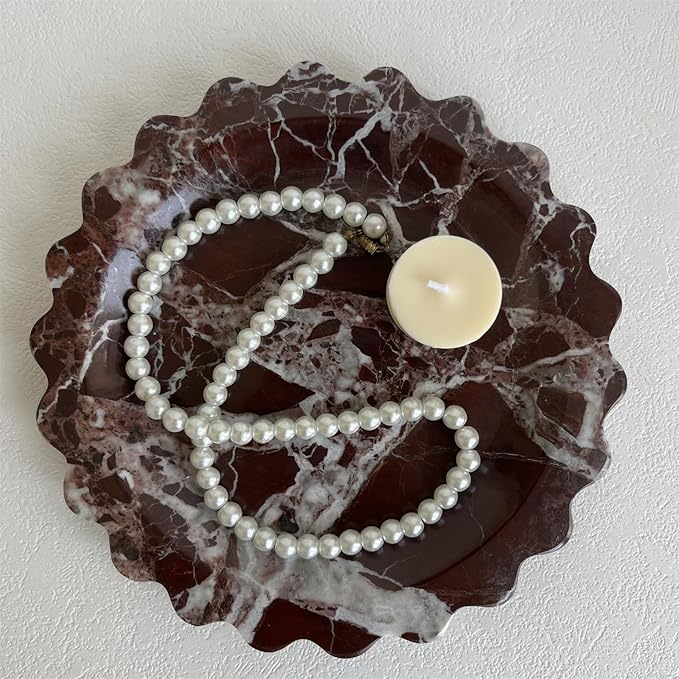 Marble Scalloped Tray Round Wave Tray Small Serving Platter for Counter, Bathroom, Kitchen, Nightstand, Jewelry Ring Dish Holder (Rosa Levanto)