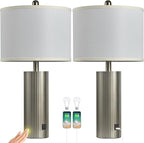 Table Lamps for Living Room Set of 2, 24.5" Modern Table Lamps for Bedroom with USB C+A Ports, Creative Stripe Touch Lamps for Nightstand, 2 Bulbs Included