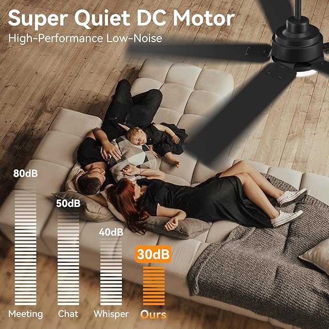 52Inch Smart Ceiling Fan with Lights Remote,APP&Voice Alexa WIFI Controled,Quiet Reversible DC Motor,Dimmable LED,Indoor Outdoor Modern Ceiling Fan,for Living Room Bedroom Patio Porch,Black&Walnut