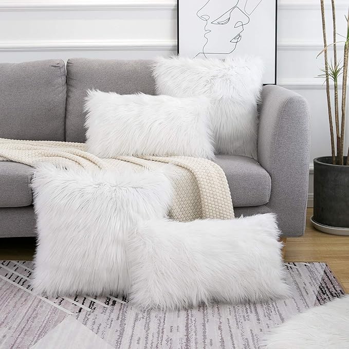 WLNUI Set of 2 White Christmas Decorative Lumbar Fluffy Pillow Covers New Luxury Series Merino Style Faux Fur Throw Pillow Covers Fuzzy Cushion Case for Sofa Bedroom Living Room Home Decor 12x20 Inch