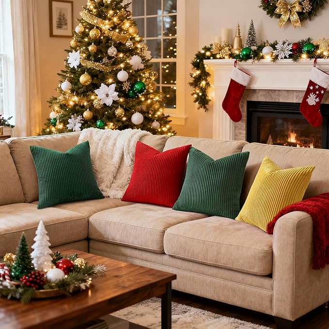 Mecatny Christmas Decorative Corduroy Throw Pillow Covers 24x24 Set of 2 for Sofa Living Room, Soft Neutral Boho Couch Pillow Covers for Home Decor, Christmas Green