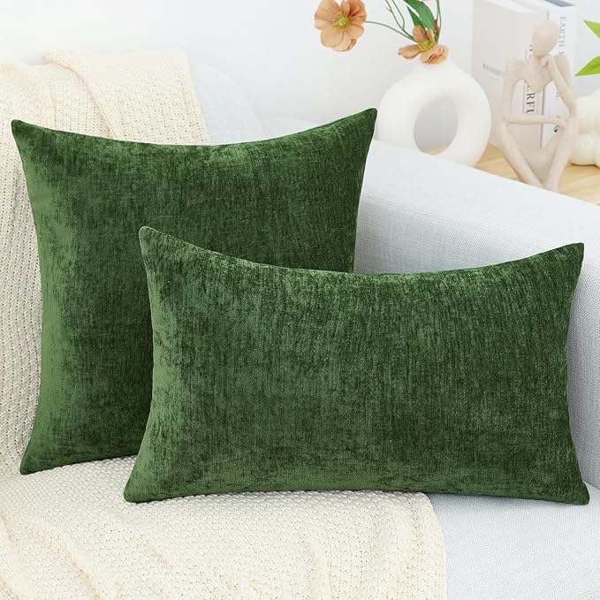 decorUhome Chenille Moss Green Fall Throw Pillow Covers 24x24 Inch Set of 2, Decorative Soft Couch Pillow Covers Solid Dyed Accent Velvet Farmhouse Neutral Square Christmas Pillow Cases for Sofa