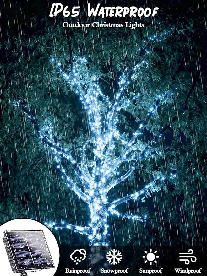 6 Pack Christmas Solar String Lights Outdoor Waterproof, 198FT 600 LED Green Wire Solar Fairy Lights with 8 Modes, Solar Twinkle Lights for Garden Tree Patio Fence Christmas Decorations (Cool White)